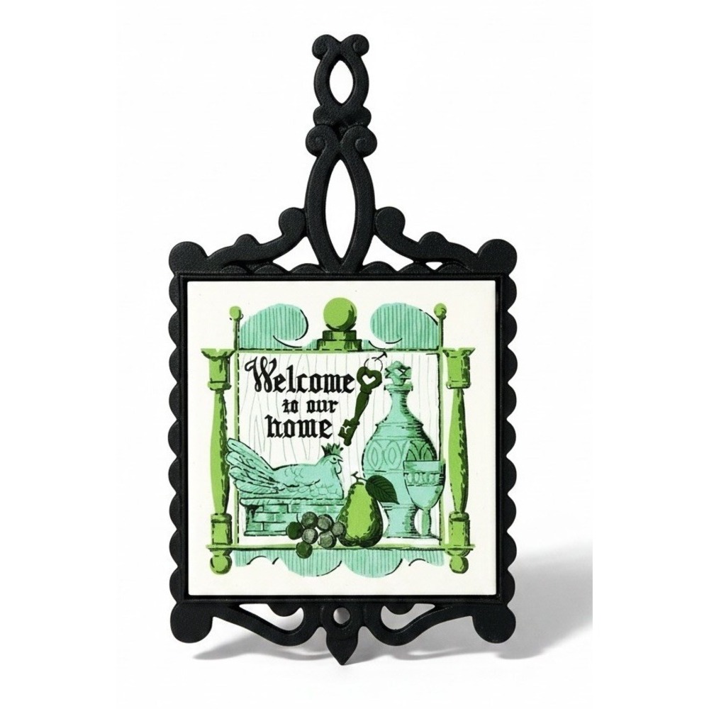 Vintage Cast Iron Ceramic Tile Trivet Wall Hanging Green Blue Japan